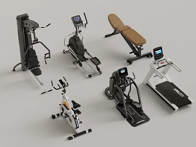 Various Types Of Fitness Equipment Including Treadmill Elliptical Trainer Weight Bench And Exercise Bike 3d model