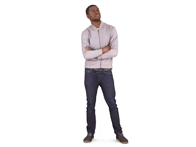 A Man Standing With Arms Crossed In Light Jacket And Jeans Against White Background 3d model