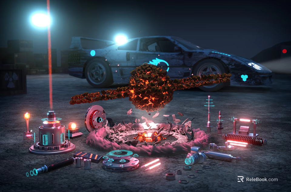 Cyberpunk Style Industrial Park With Race Car Mechanical Parts Flames And Lights 3d model 