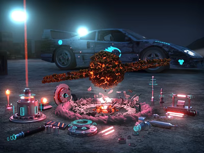 Cyberpunk Style Industrial Park With Race Car Mechanical Parts Flames And Lights 3d model
