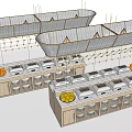 Wooden Bar Counter Setup With Chafing Dishes Fresh Fruits And Shelf Compartments