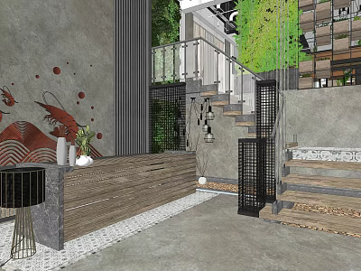 Modern Restaurant Interior With Gray Wall Shrimp Artwork Wooden Reception Counter Staircase And Metal Railing 3d model