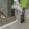 Modern Restaurant Interior With Gray Wall Shrimp Artwork Wooden Reception Counter Staircase And Metal Railing