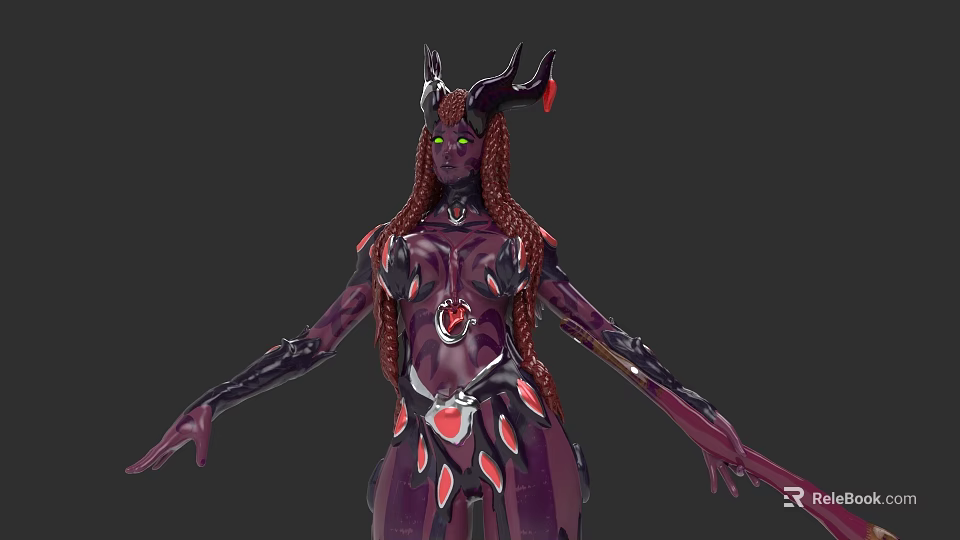 Purple Skin Game Movie Character With Long Braided Hair Horns And Red Gem Sword 3d model 