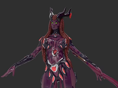 Purple Skin Game Movie Character With Long Braided Hair Horns And Red Gem Sword 3d model