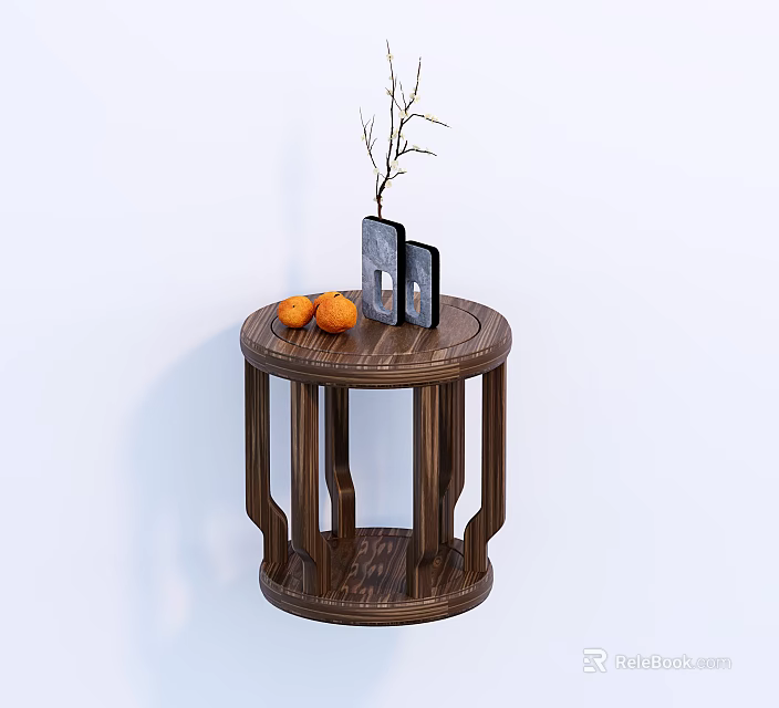 Wooden Round Side Table With Oranges Photo Frame And Dried Branches 3d model