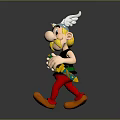 Cartoon Character in Horned Helmet Walking Holding Green Ball with Black Top and Red Pants