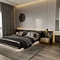 Modern Bedroom Interior Design With Black Headboard Gray Bedding And Gold Circular Decor