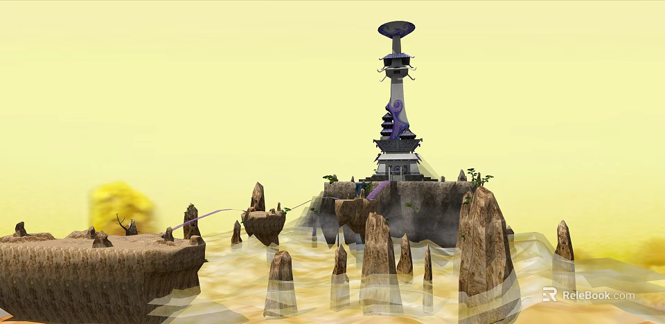 Futuristic Tower Structure On Rocky Island With Surrounding Water And Plants 3d model 