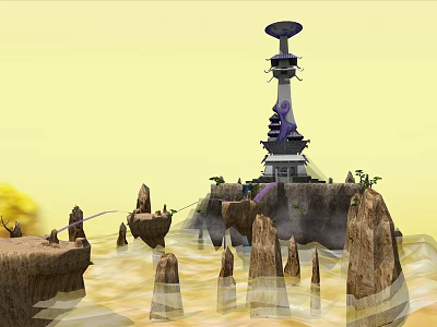 Futuristic Tower Structure On Rocky Island With Surrounding Water And Plants 3d model