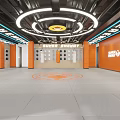 Super Energy Gym Interior With Orange Black Decor Circular Lights Punching Bags And Wall Slogans