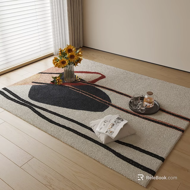 Geometric Square Area Rug With Black Red Orange Lines Sunflower Vase Tray On Wooden Floor 3d model 