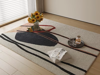 Geometric Square Area Rug With Black Red Orange Lines Sunflower Vase Tray On Wooden Floor 3d model
