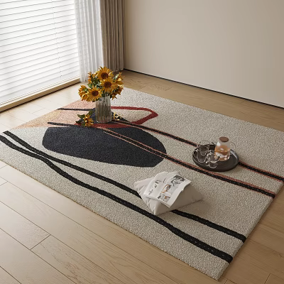 Geometric Square Area Rug With Black Red Orange Lines Sunflower Vase Tray On Wooden Floor 3d model