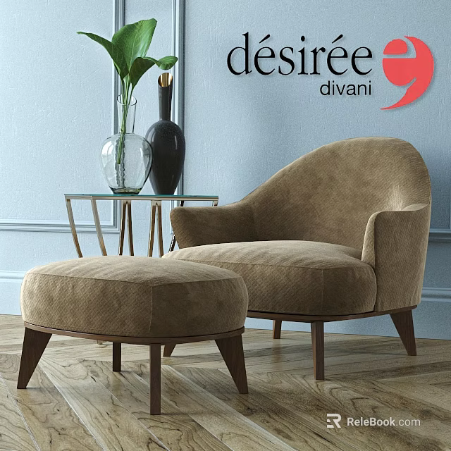 Beige Upholstered Leisure Chair With Ottoman Glass Side Table Vases Plant Blue Wall Wooden Floor 3d model 