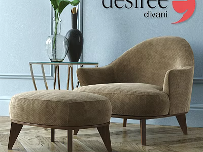 Beige Upholstered Leisure Chair With Ottoman Glass Side Table Vases Plant Blue Wall Wooden Floor 3d model