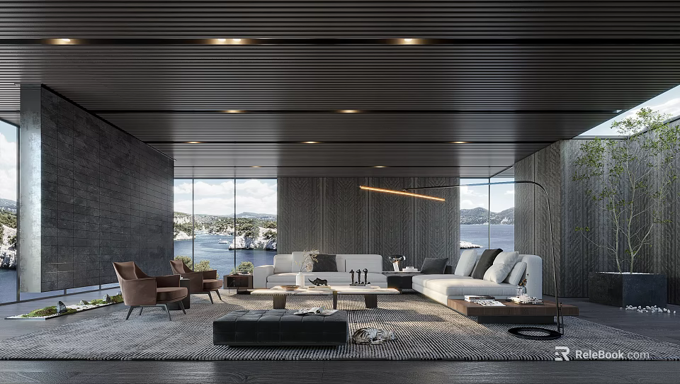 Modern Living Room Interior With White Sofa Coffee Table And Water View Through Large Windows 3d model 