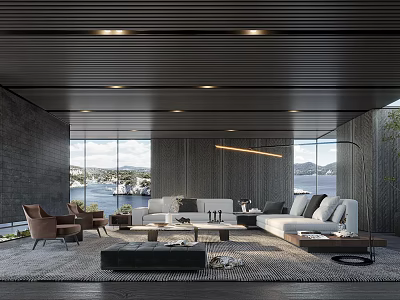 Modern Living Room Interior With White Sofa Coffee Table And Water View Through Large Windows 3d model