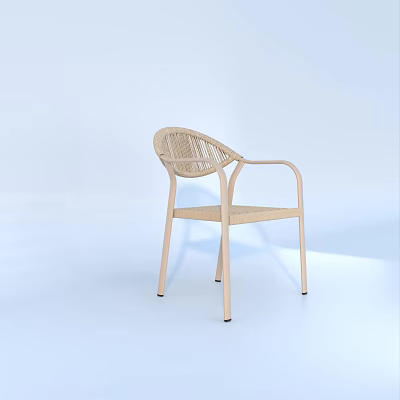 Light Colored Outdoor Chair With Woven Backrest And Armrests Simple Modern Design Wooden Legs 3d model