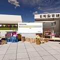Outdoor Grocery Store Stall Display With Flowers Fruits Wooden Crates And Colorful Flags