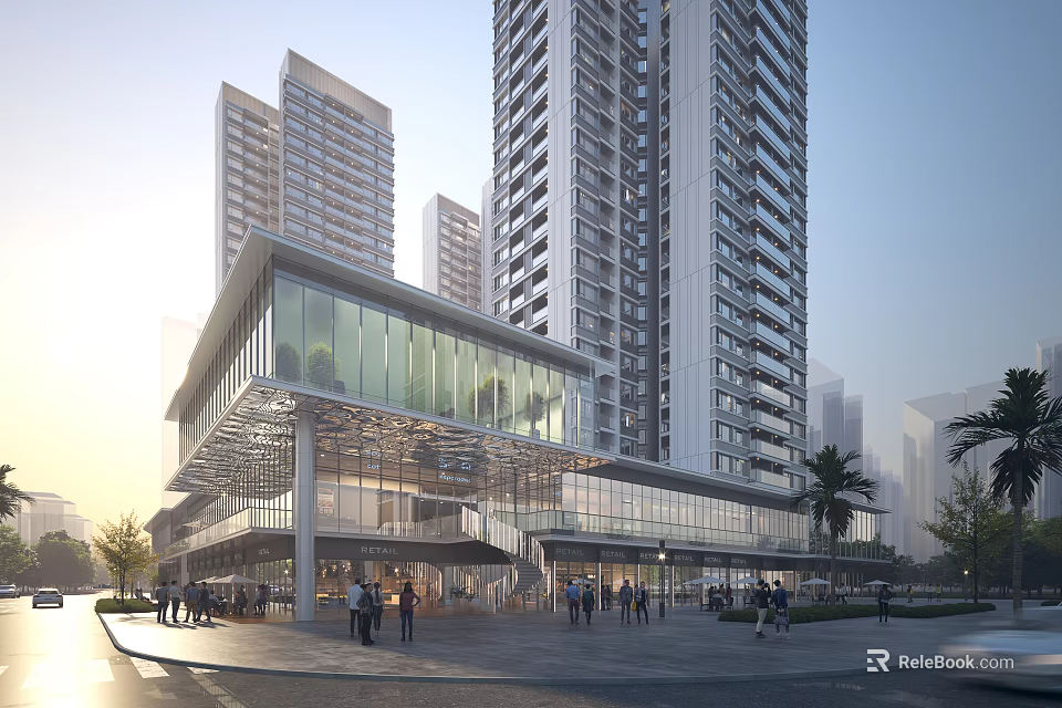 Commercial Street With Modern High Rise Buildings And Pedestrians 3d model 