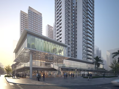 Commercial Street With Modern High Rise Buildings And Pedestrians 3d model