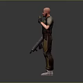 Bald Man Wearing Black Vest With Yellow Pattern Brown Pants Black Gloves Holding Gun Gesturing
