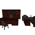 Executive Office Desk With Wooden Cabinet Black Leather Chair Computer And Green Plant