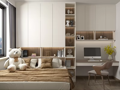 Tatami Bedroom Interior Design With White Cabinets Desk Computer Bookshelf And Teddy Bear 3d model