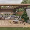 Garden Landscape with Wooden Pergola Outdoor Furniture Wooden Deck Stone Steps and Green Plants