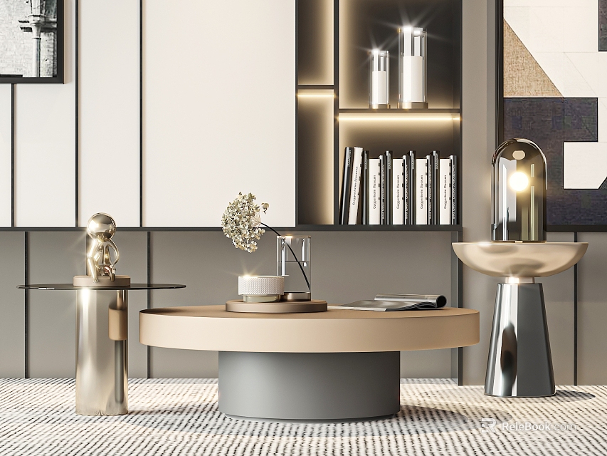 Modern Coffee Table Design With Round Marble Top Metal Base And Decorative Items 3d model 