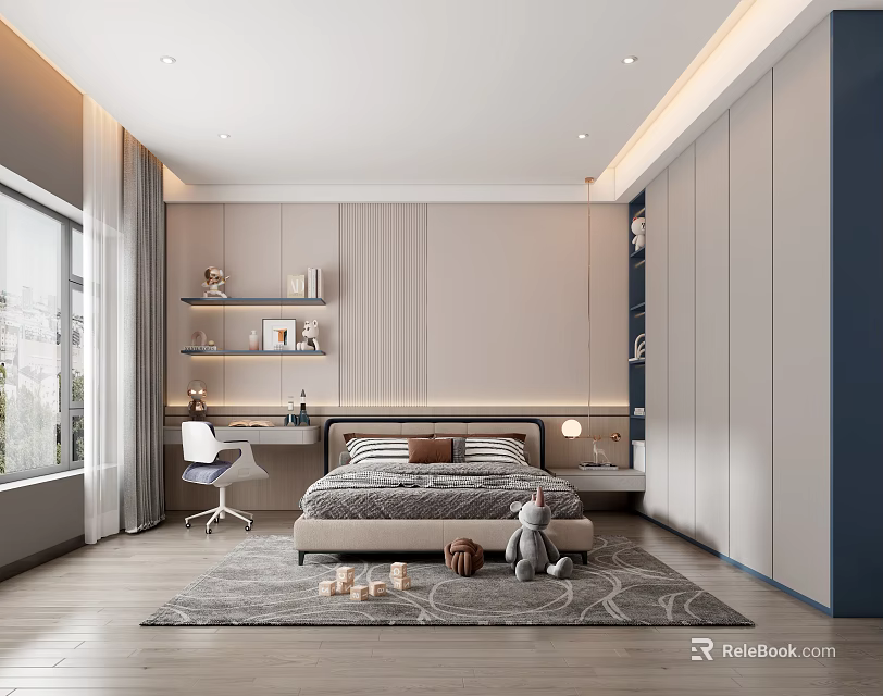 Modern Kids Bedroom Interior With Bed Desk Chair And Plush Toys 3d model 