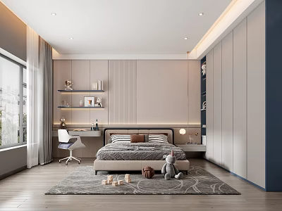 Modern Kids Bedroom Interior With Bed Desk Chair And Plush Toys 3d model