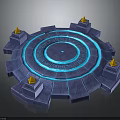 Mystical Blue Circular Platform With Glowing Runes And Yellow Flame Towers