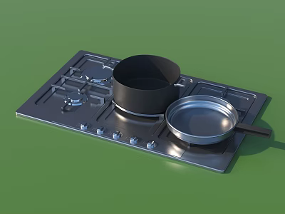 Modern Kitchen Cabinets With Gas Stove Pot And Frying Pan On Green Surface 3d model