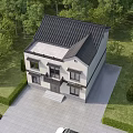 Chinese Traditional Detached Villa with White Walls Black Roof and Lush Garden Front Yard