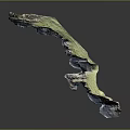 3D Terrain Model Featuring Green Vegetation Blue Water Regions and Irregular Shape on Dark Background