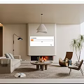 Modern Living Room Interior With Fireplace Sofa Area Rug And Pendant Light