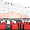 Performance Stage With Red Orange Curved Background Patterns Red White Square Seats And Lights 3d model