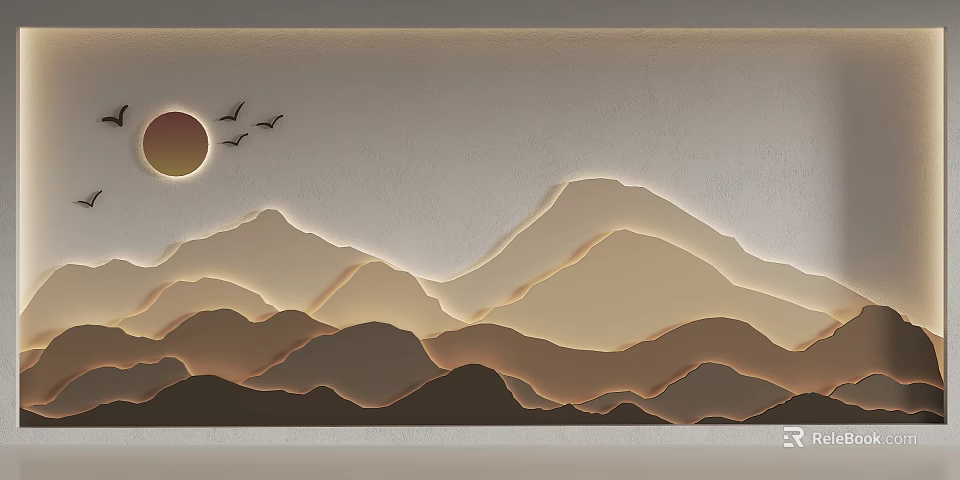 Modern Background Wall with 3D Mountain Pattern Sun and Flying Birds Design in Warm Tones 3d model 