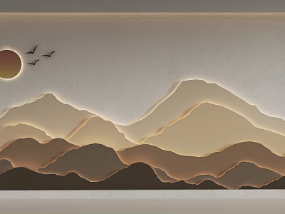 Modern Background Wall with 3D Mountain Pattern Sun and Flying Birds Design in Warm Tones 3d model
