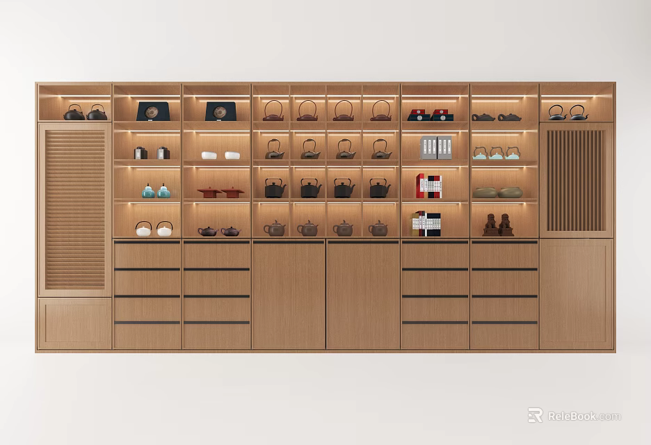 Natural Wooden Decorative Cabinet With Multiple Shelves Drawers And Tea Sets Books 3d model 