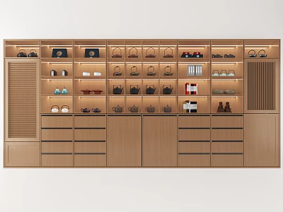 Natural Wooden Decorative Cabinet With Multiple Shelves Drawers And Tea Sets Books 3d model