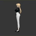 Woman Blonde Hair Black Turtleneck White Ripped Jeans Black Heels Arms Outstretched Against Gray Background