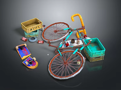 Vintage Bicycle With Yellow Basket Green Crate Blue Bucket And Colorful Mat 3d model