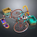Vintage Bicycle With Yellow Basket Green Crate Blue Bucket And Colorful Mat
