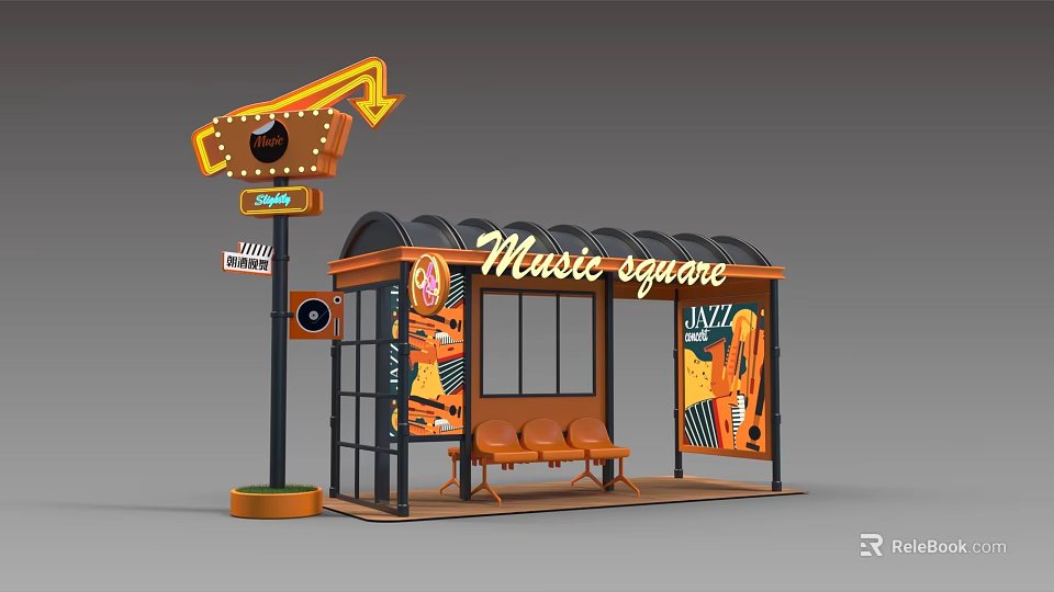 Music Themed Bus Stop Photo Spot With Neon Sign Jazz Elements And Seats 3d model 