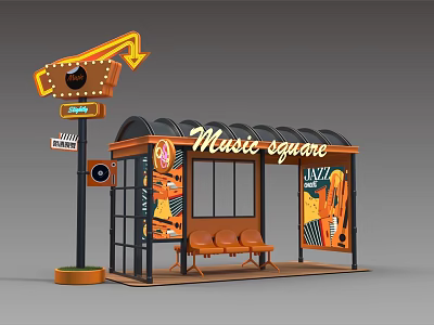 Music Themed Bus Stop Photo Spot With Neon Sign Jazz Elements And Seats 3d model