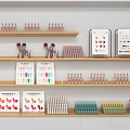 Organized Stationery Display On Wooden Shelves With Colorful Pens Notebooks And Signs