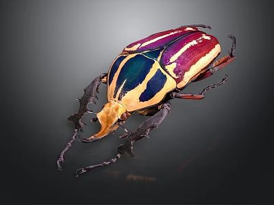 Colorful Beetle With Purple Blue Yellow Red Stripes And Large Horn Against Dark Background 3d model